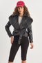 Women's Fur Collar Belted Lined Faux Leather Black Jacket - 4
