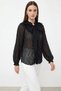 Women's Collar Tie-Up Black Shirt with Flounce Detail and Wrinkle Effect - 3