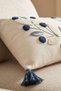Tomurcuk |   Botanical Branch and Leaf Motif Punch Embroidered Tasseled Cotton Throw Pillow Cover 35X55 cm - 3