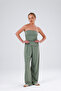 Set - Asymmetrical cut, ruched, slit-detail strapless-neck top. Pants with elastic waistband. - 7