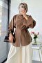 Premium Hakim Collar Front Slit Modal Blouse - Mink