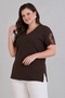 Women's Plus Size V-Neck White Stripe Sleeve Tulle Big Flower Detail Side Slit Stretchy Viscose Blouse - 7