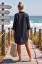 Black Shirt Collar 3/4 Sleeve Buttoned Pocket Slim Casual Cotton Woven Shirt Dress 85 59 - 8