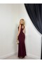 Women's Bordo Fish Dress with Heart Collar, Lace Detail, Gathered Long Event Dress - 5