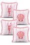 Pink Striped Lobster and Seashell Patterned 4-Piece Fringed Throw Pillow Cover Set