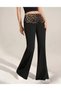 Black Color Leopard Waistband Folded Elastic Flare Spanish Flare Panlalon, Waist Folded Leggings