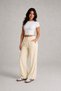 Women's Yellow High-Waisted, Linen Textured Gabardine, Elastic Waist, Lace-Up, Pocketed, Comfortable Cut Pants - 2
