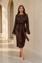 Satin Belted Midi Dress with Sleeve Detail - Brown - 5