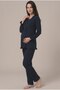 Women's Navy Blue Double-Breasted Collar Breastfeeding Detailed Long Sleeve Maternity Pajama Set - 2