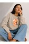 Women's Orange Bear Floral Printed Comfortable Fit Crew Neck Beige Sweatshirt - 4