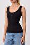 Black Plain Fitted Pool Neck Thin Strap Sleeveless Crop Ribbed Stretchy Knitted Tank Top Twoss26Al00099 - 3