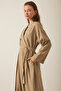 Linen Abaya with Pleated Collar Detail Camel - 8