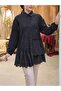 Ruffle and Scallop Detailed Pearl Buttoned Shirt - Black - 5
