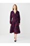 Burgundy V-Neck Long Sleeve Floral Pattern Woven Long Dress