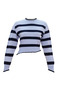 Women's Blue Navy Striped Crop Knit Sweater - Crew Neck Lettuce Edge - 3