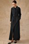Satin Trimmed Collar and Sleeves, Stone Embellished Lined Overcoat Black 6841 - 5