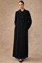 Lined Oversized Coat with Embroidered Collar and Satin Detail Black 6822 - 4