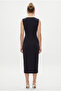 Women's Eldora Woven Modal Gold Buckle Slit Sleeveless Midi Length Navy Blue Stylish Dress - 5