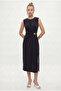 Women's Eldora Woven Modal Gold Buckle Slit Sleeveless Midi Length Navy Blue Stylish Dress - 4