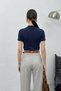 Women's Short-Sleeved T-Shirt with Gold Buckle Detail, Gathered Half Turtleneck, Sandy Lycra Stylish Blouse - 3