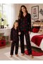Mother-Daughter Cotton Fabric Suede Black Color Red Heart and Piping Shirt Collar Buttoned Pajamas