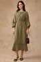 Striped Detailed Elastic Waist Muslin Dress Khaki 9453-E - 6