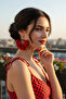 Silver Color Hoop Earrings – Red Black Polka Dot Tulle Fabric Beaded Design - 2