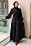 Self-Patterned Watermelon Sleeve Belted Evening Dress
