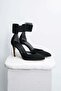 Olimpia Black Color Suede Thick Ankle Strap Women's Heeled Shoes - 6