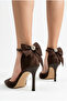 Women's Stoned Bow Detailed Ankle Strap Stiletto Pointed Toe Thin Heeled Bitter Coffee Satin Evening Dress Shoes