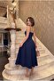 Women's Strapless Stone Embroidered Degaje Collar Zippered Midi Length Lined Graduation Evening Dress - 2