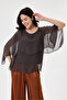 Brown Italian Poncho Sleeve Lined Short Silk Blouse 38 - 42 Size