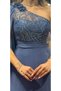 Indigo One Shoulder Floral Detail Slit Flared Skirt Chiffon Long Evening Dress 7505 - 4