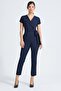 Shawl Collar Off-Shoulder Lace-Up Ankle-Length Stylish Lightweight Lycra Fabric Stylish Office Jumpsuit-Navy Blue
