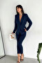 Navy Blue Double-Breasted Blazer Jacket Carrot Trousers Suit - 3