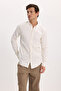 Men's Slim Fit 100% Cotton Buttoned Collar Flam Linen Ecru Shirt - 4