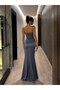 Women's Long Slit Evening Dress Engagement Henna Wedding Evening Dress Indigo Tight Fit - 3