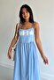 Women's Embroidery Detailed Strap Linen Dress Blue - 3