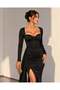 Heart Neckline Off-The-Shoulder Long Sleeve Glop Slit Fish Long Maxi Length Satin Fabric Dress Khaki 582355 Black - 2