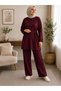 Women's Islamic Clothing Modal Fabric Rope Tie Detail Crew Neck Tunic Top and Bottom Set Burgundy - 6