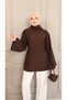 Brown Modal Fabric Wide Collar Waist-Tied Tunic |   Long Sleeve Asymmetrical Cut Comfortable Fit Hijab Tunic with Volan Sleeves |   Casual Stylish Women's Tops - 2