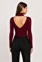Burgundy Backless Ribbed Knit High Neck Blouse - 3
