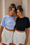 Women's Navy Blue 2-Piece Viscose Fitted Waist Bat Sleeve Blouse - 4