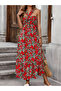 Red Floral Print Halter Neck A-Line Midi Dress - 3