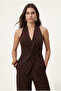 Women's Candice V-Neck Waist Elastic Sleeveless Brown Woven Bottom Top Set - 2