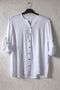 White Round Neck 3/4 Sleeve Buttoned Slit Perforated Embroidered Casual Cotton Woven Blouse 70 56 - 2