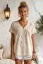 Beige V-Neck Short Sleeve Buttoned Suze Embroidered Casual Cotton Oversize Woven Blouse 68 55 - 3
