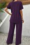 Women's Wrinkled Fabric Asymmetrical Cut Blouse and Pants Two-Piece Set - 3
