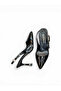 Women's Black Patent Leather Open Back Stiletto with Gold Belt Detail - 6