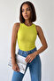 Women's Neon Yellow Crew Neck 2*1 Soft Polyester Stretchy Camisole Fabric Long Tank Top Blouse - 3